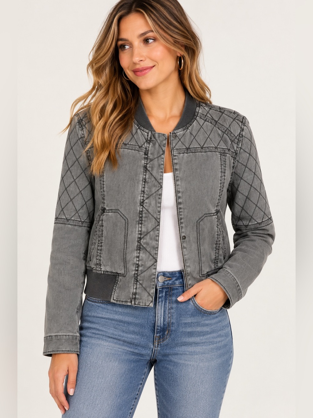 Peyton Jensen Linen Blend Denim Look Moto Jacket EUC Small